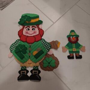 2 Homemade Hanging St Patrick's Day 18" & 7 1/2" Plastic Canvas Needlepoint Lepr